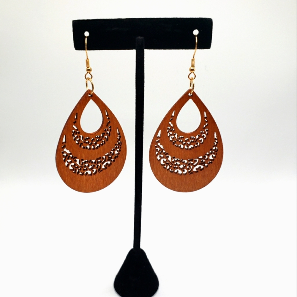 NEW Wooden Laser Cut Hollow Pear Shaped Boho Earrings